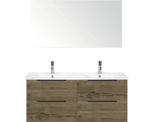 Waschtisch mit zwei Waschbecken, Unterschrank mit vier Schubladen und Spiegel