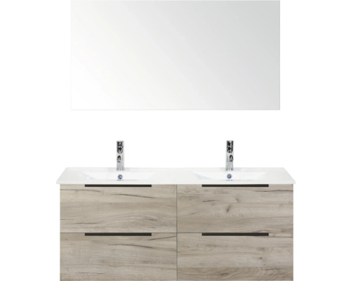 Doppelwaschtisch mit Spiegel und Holzdekorfront