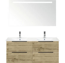 Meuble-lavabo avec deux lavabos, miroir et aspect bois