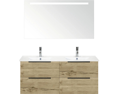 Meuble-lavabo avec deux lavabos, miroir et aspect bois