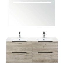 Badezimmermöbel-Set mit Doppelwaschbecken, Unterschrank mit Schubladen und Spiegel mit Beleuchtung