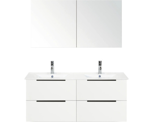 Ensemble de meubles de salle de bains Sanox Seville lxhxp 120 cm x 170 cm x 46 cm couleur de façade blanc haute brillance Meuble-lavabo avec deux vasques, meuble bas avec tiroirs et armoire de toilette pour la salle de bain
