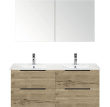 Waschtisch mit Spiegel, zwei Waschbecken und vier Schubladen in Holzoptik