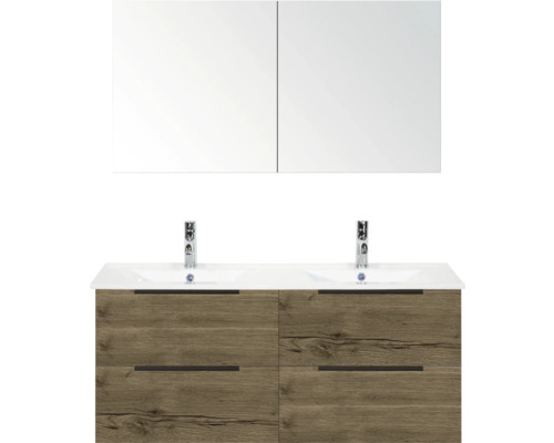 Waschtisch mit zwei Waschbecken, Armaturen, Spiegelschrank und Holzstruktur