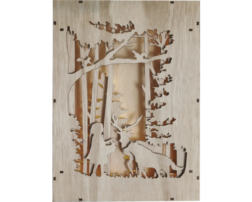 Dekorative Holzlampe mit Waldmotiv, inklusive Hirsch, Wolf und Mädchen