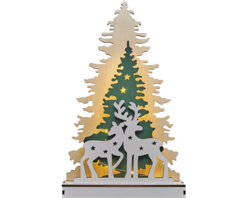 Dekorationsartikel aus Holz mit Weihnachtsbaum und Rentier-Motiv