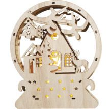 Dekorative Schneekugel aus Holz mit Haus, Tannenbaum und Hirsch