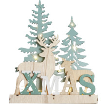 Dekorative Weihnachtsbeleuchtung mit Hirschen und Tannenbäumen aus Holz
