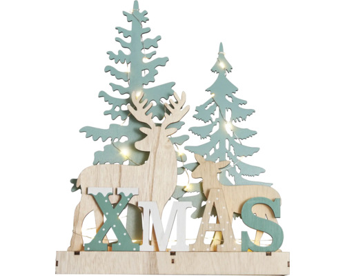 Dekorative Weihnachtsbeleuchtung mit Hirschen und Tannenbäumen aus Holz