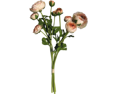 Künstlicher Ranunkelstrauß mit mehreren Blüten und grünen Blättern.