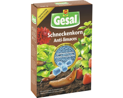 Emballage de granulés anti-limaces Gesal représentant des limaces sur de la laitue et des fraises
