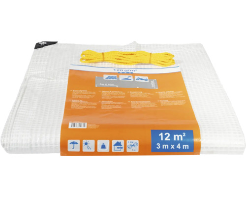 Bâche de protection blanche, 3 mètres sur 4 mètres, avec corde jaune