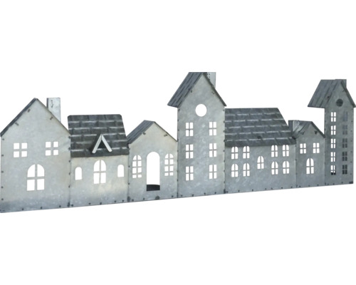 Rangée de maisons décoratives en métal avec ouvertures de fenêtres.