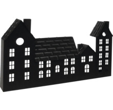 Rangée de maisons décoratives en métal avec ouvertures de fenêtres.