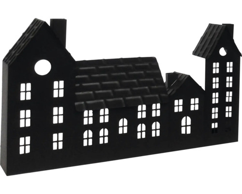 Bougeoir maison en métal Lafiora 39,7 x 7,5 x 22,5 cm noir Rangée de maisons décoratives en métal avec ouvertures de fenêtres.