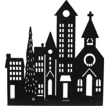 Dekorative Silhouette einer Stadtlandschaft mit Häusern, Kirche und Tannenbaum