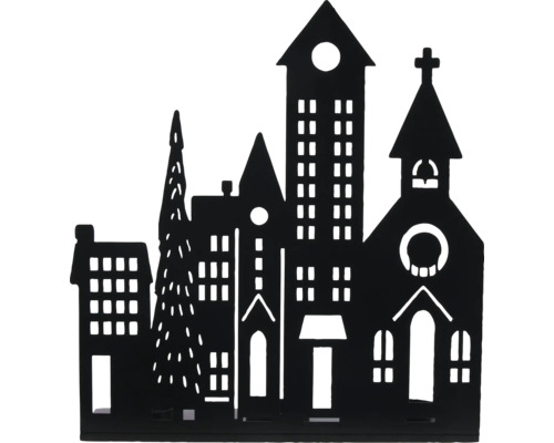 Dekorative Silhouette einer Stadtlandschaft mit Häusern, Kirche und Tannenbaum