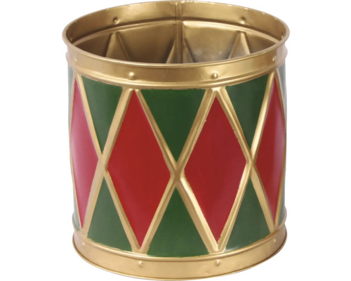 Tambour décoratif en métal avec motif losanges en vert et rouge