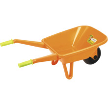 Orangefarbene Schubkarre aus Kunststoff für Kinder mit grünem Griff