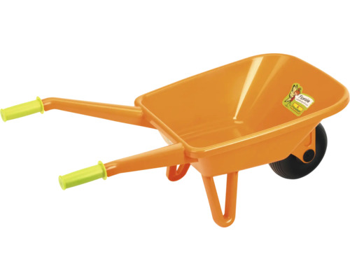 Orangefarbene Schubkarre aus Kunststoff für Kinder mit grünem Griff