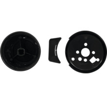 Trois pièces en plastique noir pour sanitaires.