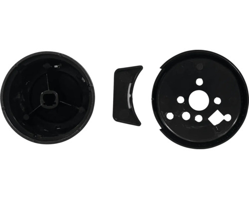 Trois pièces en plastique noir pour sanitaires.