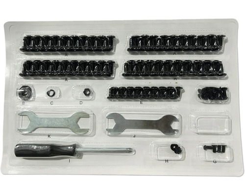 Montagesatz mit Schrauben, Muttern, Schraubenschlüssel und Schraubendreher in durchsichtiger Kunststoffverpackung