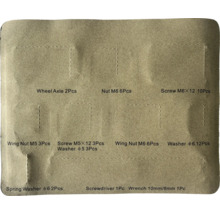 Assortiment avec axes de roue, écrous, vis, écrous papillon, rondelles, rondelles élastiques, tournevis et clé