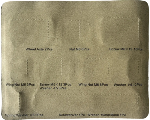Assortiment avec axes de roue, écrous, vis, écrous papillon, rondelles, rondelles élastiques, tournevis et clé