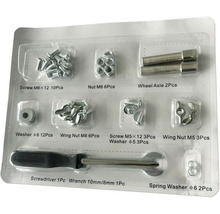 Assortiment avec vis, écrous, rondelles, axes de roue, tournevis et clé dans un emballage transparent