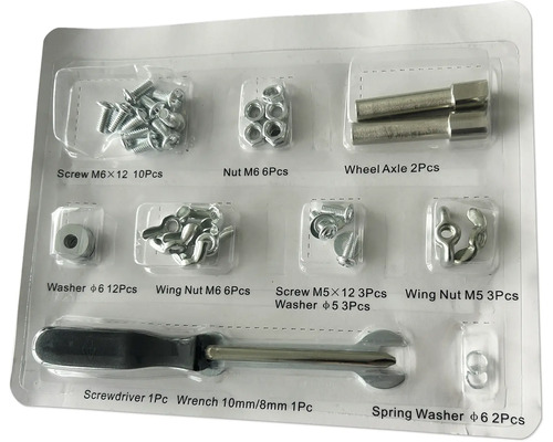 Assortiment avec vis, écrous, rondelles, axes de roue, tournevis et clé dans un emballage transparent