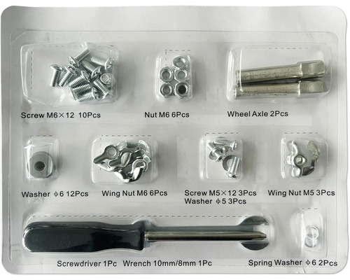 Kit de fixation avec vis, écrous, rondelles, axe de roue, tournevis et clé