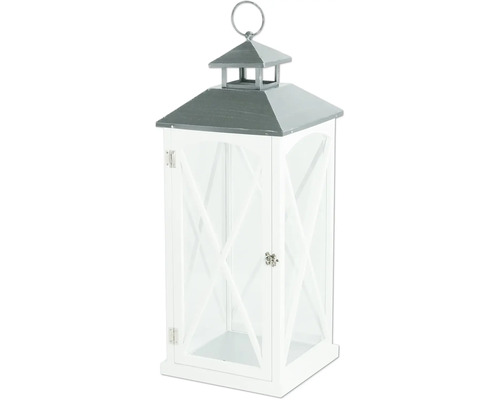 Lanterne en bois 27 x 27 x 67,5 cm blanc Lanterne décorative avec dessus en métal et croisillons en bois