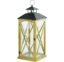 Lanterne décorative en bois avec des éléments métalliques et des inserts en verre