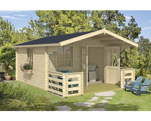 Gartenhaus Luna 2 inkl. Fussboden, Blumenkasten, Terrasse 403,8 x 530 cm natur Holzgartenhaus mit Terrasse im Garten