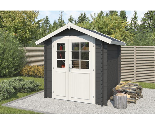 Abri de jardin avec double porte et pile de bois