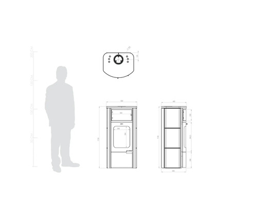 Schéma technique d''un poêle avec indications de dimensions.
