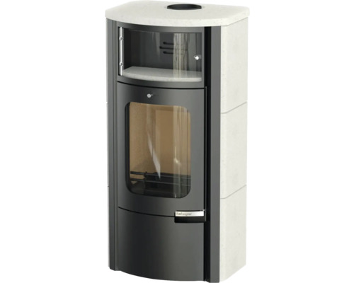 Poêle à bois avec fenêtre de visualisation et revêtement latéral en pierre