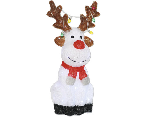 Dekorative Rentierfigur mit Geweih, Lichterkette und rotem Schal als Weihnachtsdekoration.