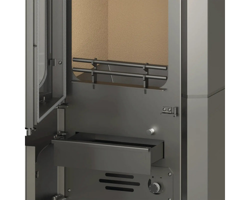 Vue intérieure d''un poêle avec chambre de combustion, bac à cendres et panneau de commande