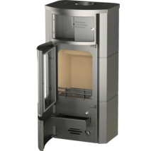 Poêle à bois avec porte ouverte.