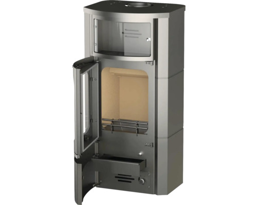 Poêle à bois avec porte ouverte.