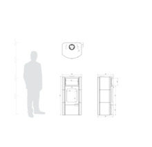 Schéma technique d''un poêle-cheminée avec des indications de dimensions et comparaison de taille avec une silhouette humaine.