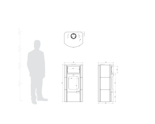 Schéma technique d''un poêle-cheminée avec des indications de dimensions et comparaison de taille avec une silhouette humaine.