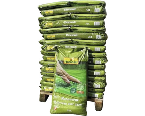 FloraSelf® Terreau gazon (51x35l) 1 palette Sacs de terreau pour gazon FloraSelf de 35 litres empilés sur une palette