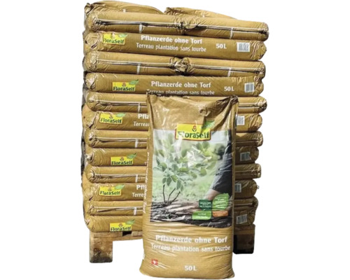 FloraSelf Nature® terreau végétal sans tourbe (39x50l) 1 palette Pile de sacs de terreau sans tourbe FloraSelf, 50 litres