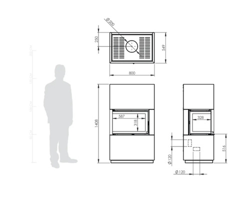 Dessin technique d'une cheminée avec dimensions
