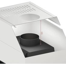 Detailansicht eines Kaminofens mit Massangabe 585 Millimeter.