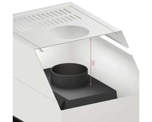 Detailansicht eines Kaminofens mit Massangabe 585 Millimeter.