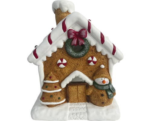 Lebkuchenhaus-Dekoration mit Weihnachtsbaum und Schneemann